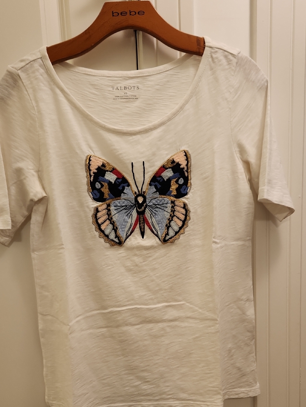 NWOT Talbots White Short-Sleeve Tee with Multicolor Embroidered Butterfly